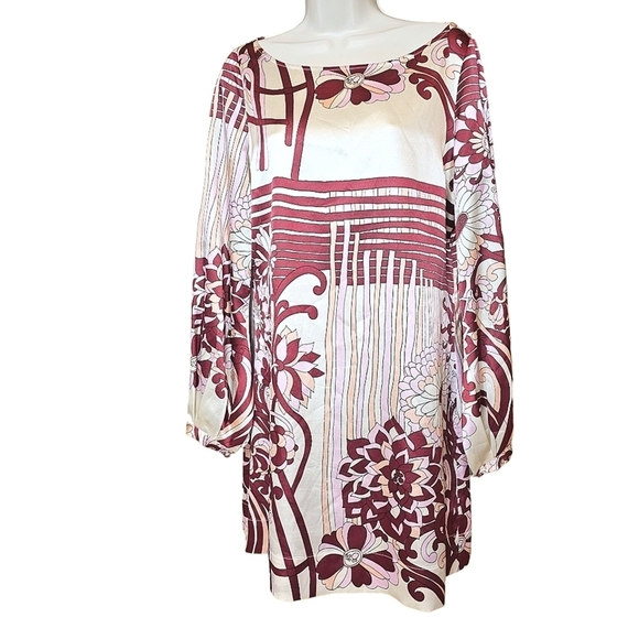 Hale Bob Dresses & Skirts - Hale Bob Ivory Satin Abstract Floral Print Boatneck, Long Sleeve Shift Dress